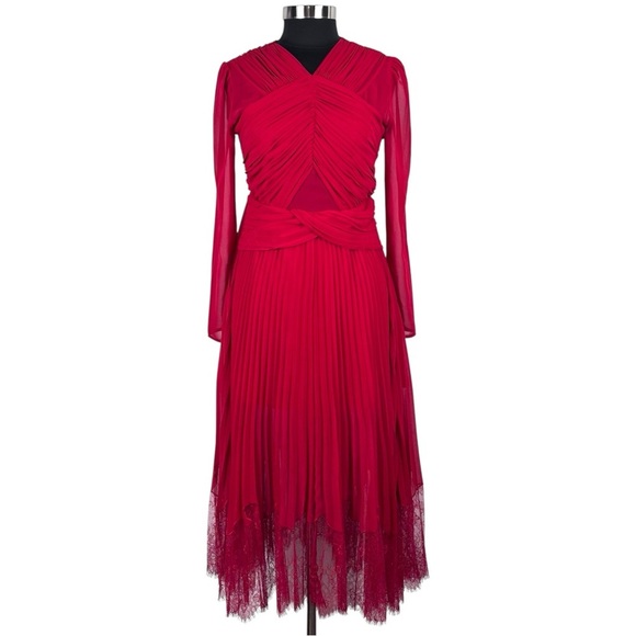 SELF PORTRAIT DARK RED CROSS FRONT LONG SLEEVE PLEATED SKIRT LACE MIDI DRESS - Picture 5 of 15